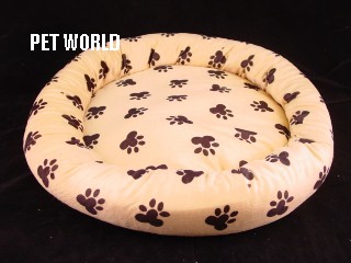 .118 PET BED - TAN w. BLACK PAW PRINTS - PLUSH PILLOW