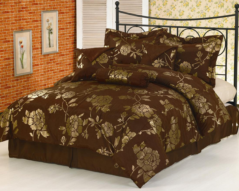 7Pcs Brown Floral Metallic Bedding Comforter Set King eBay