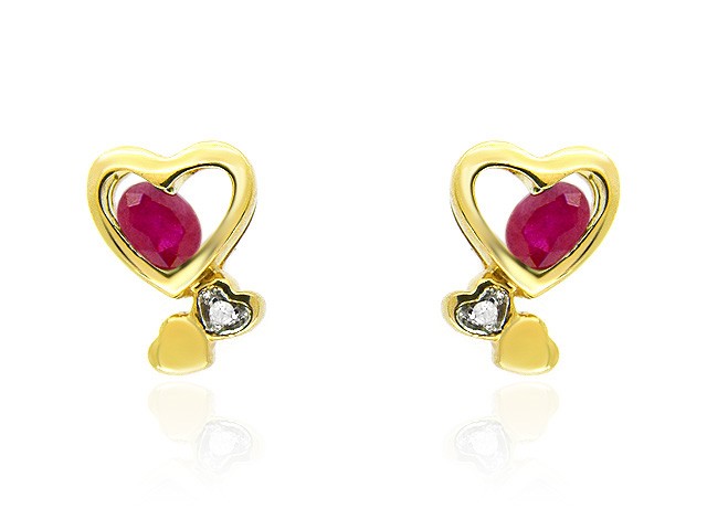 9ct Yellow Gold Ruby & Diamond Heart Earrings