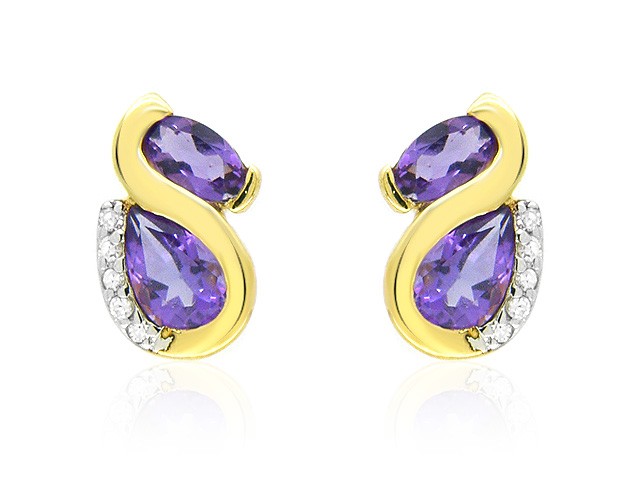 9ct Yellow Gold Amethyst & Diamond Stud Earrings