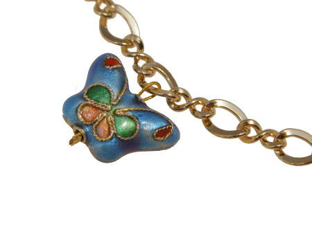Cloisonne Blue Butterfly Charm Anklet 14K Gold GF 10"