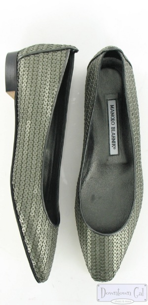 New Manolo Blahnik Silver Sequin Shiny Flats 37.5 7.5