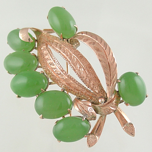 Vintage 18K Hand Engraved ROSE GOLD JADE Brooch Pin NR