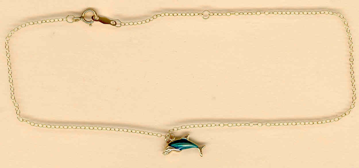 10KT GOLD ENAMEL DOLPHIN ANKLET 10"