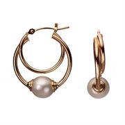 14 KT Gold Double Hoop Earrings With Freshwater Pearl 14K