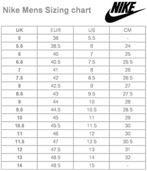 size chart nike football shoes