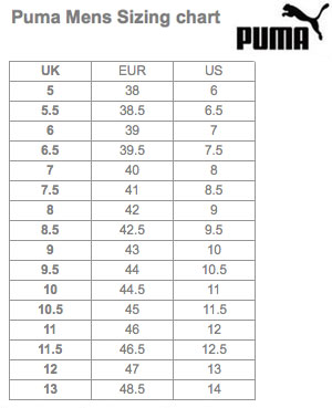 size chart puma suede