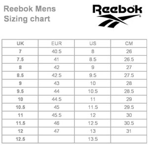 reebok shoe size chart cm