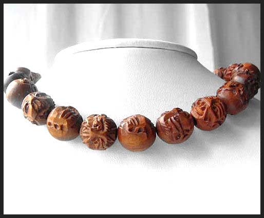 Hand Carved Face of Buddha BOXWOOD Bead Strand 108633