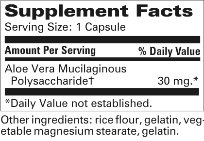 Ingredients: Aloe Vera Mucilaginous Polysaccharide ...30mg Contains - Rice Flour, Magnesium Stearate, Gelatin