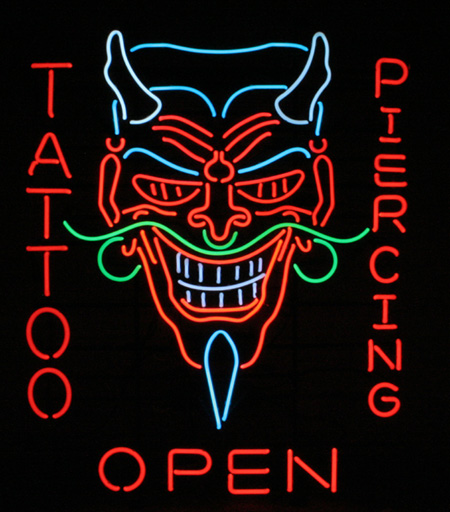 union electric tattoo neon sign at night. HUGE Devil TATTOO & Body Piercing 