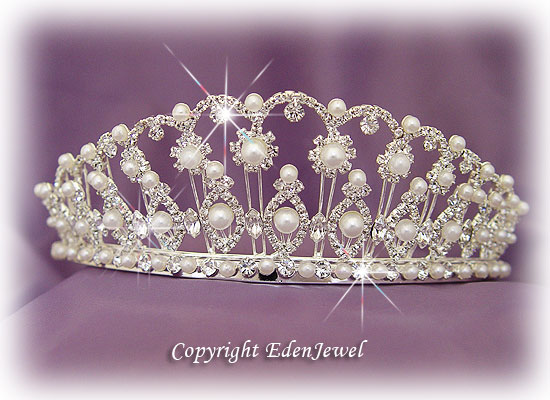 Bridal Glass Pearl Flower Tiara with Swarovski Crystal
