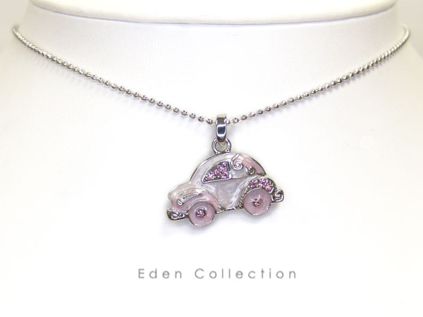 Pink Enamel Bug Car Pendant Light Rose Crystal Necklace