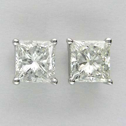 2.96 CT PRINCESS DIAMOND STUD EARRINGS 14K WHITE GOLD