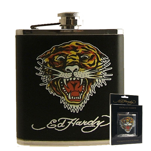 Licensed PVC Leather Flask: Ed Hardy Tiger Open Mouth