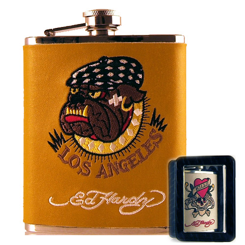 Licensed PVC Leather Flask: Ed Hardy Bulldog on Orange