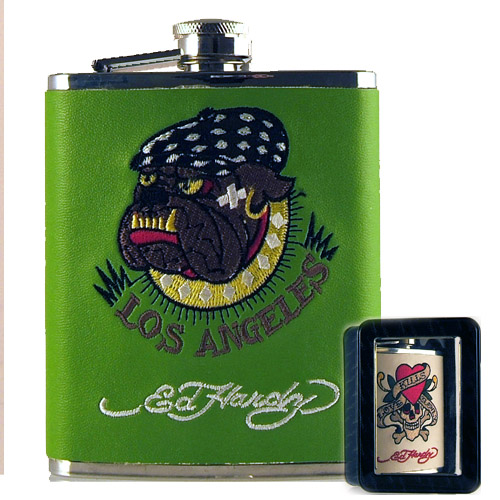Licensed PVC Leather Flask: Ed Hardy Bulldog on Green