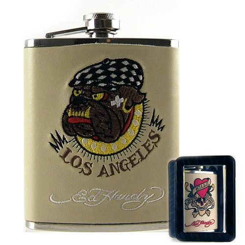 Licensed PVC Tan Leather Flask: Don Ed Hardy Bulldog