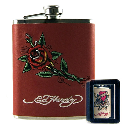 Licensed PVC Leather Flask: Don Ed Hardy Rose on Red