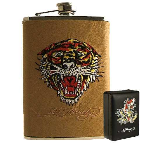 Genuine Leather Flask: Ed Hardy Tiger Open Mouth Tan