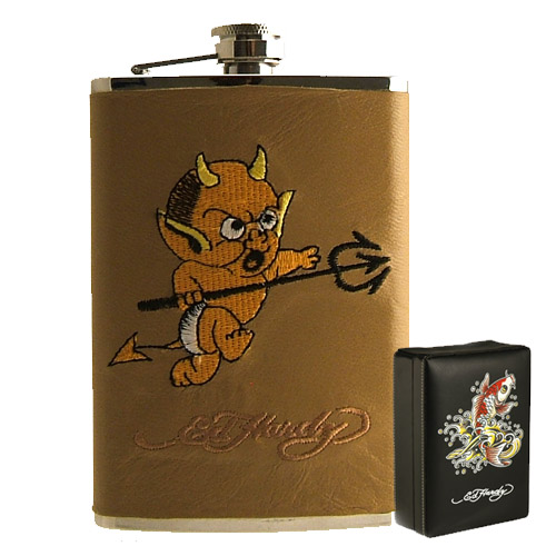 Genuine Leather Flask: Ed Hardy Little Devil on Tan