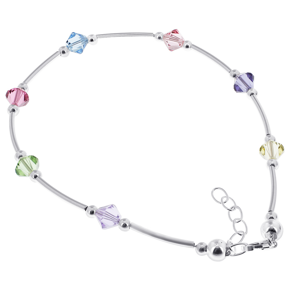 New Multicolor Crystal 9" / 10" Sterling Silver Anklet