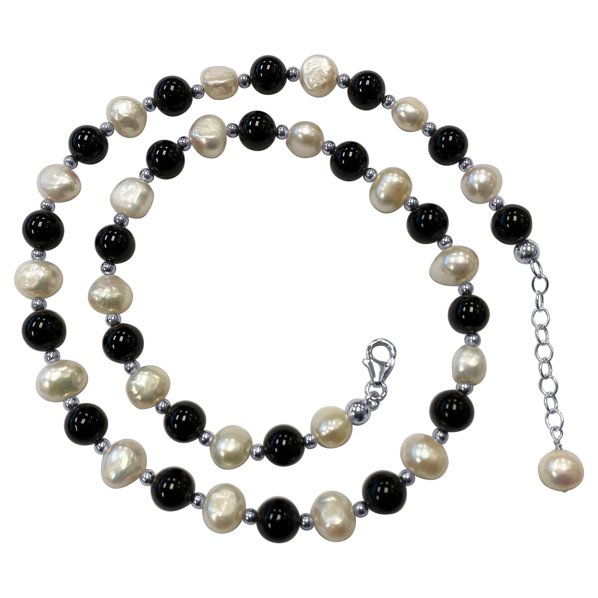 Sterling Silver Onyx Gemstone Nugget Pearl Necklace 22