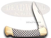 BK110WP BASKETWAVE: Buck 110 Basketweave 1/400 Folding Hunter White Pearl Handles USA Pocket Knife Knives
