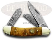 HR213DAM/BL SOWBELLY DAMACUS BU: HEN & ROOSTER AND Burl Wood Damascus Sowbelly Pocket Knife Knives