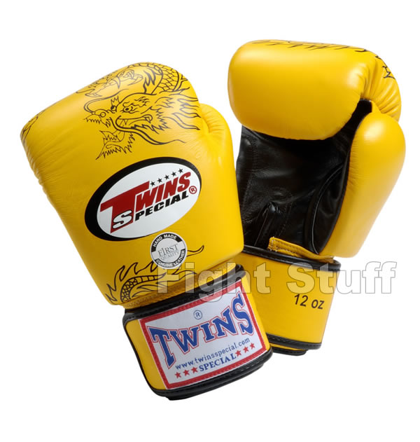 Twins Yellow/Black Dragon Pattern Boxing Gloves - 14oz