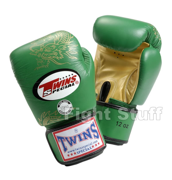 Twins Green Gold Dragon Pattern Boxing Gloves - 10oz