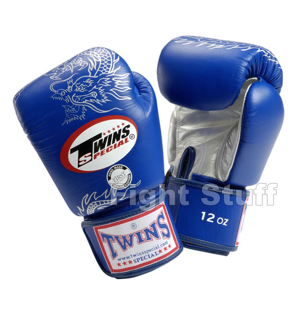 Twins Blue Silver Dragon Pattern Boxing Gloves - 10oz