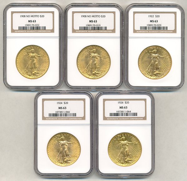 10pcs NGC or PCGS $20 ST GAUDENS GOLD MS63