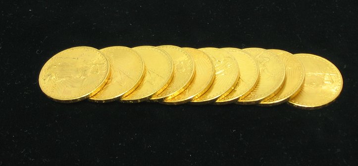10pcs $20 GOLD ST GAUDENS AU/BU