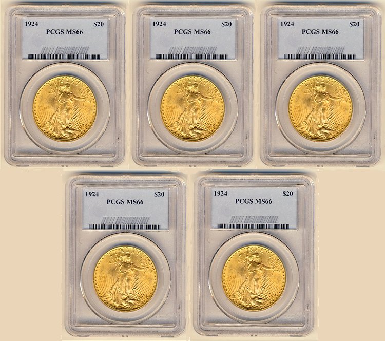 5 pc US $20 St. Gaudens Gold Certified MS66 NGC&PCGS