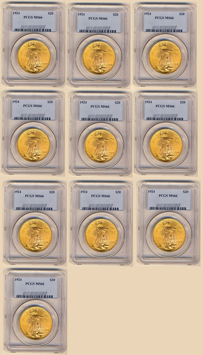 10 NGC, PCGS MS66 $20 ST GAUDENS GOLD