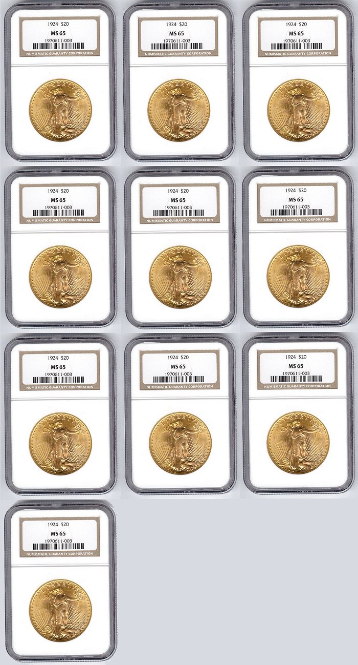 10 CERTIFIED NGC/PCGS MS65 $20 GOLD 1908-1927