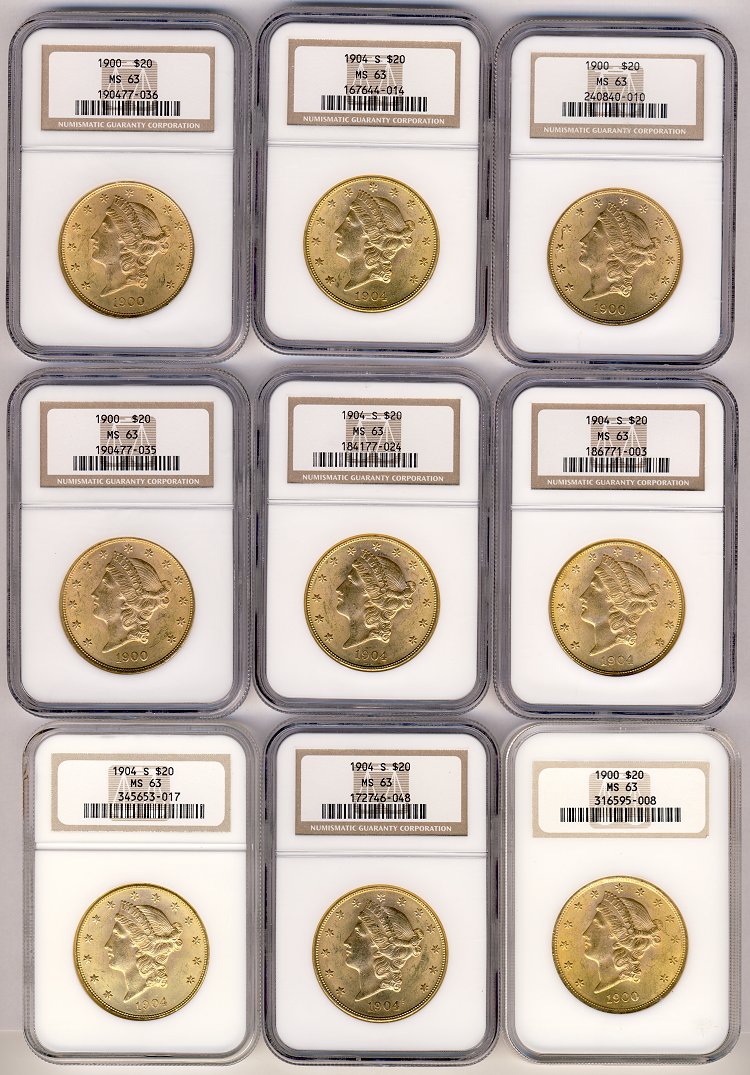 (10) $20 LIBERTY GOLD NGC PCGS MS63