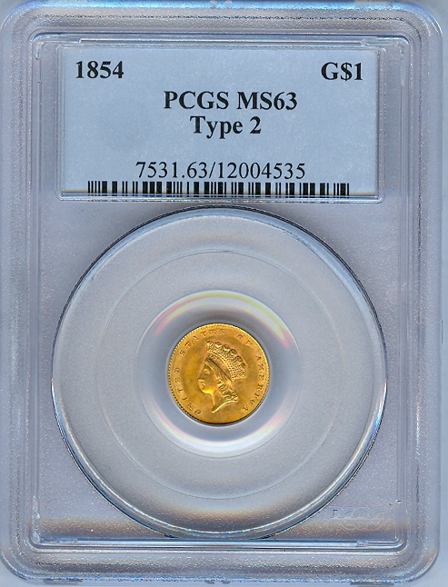 1854 GOLD $1 TYPE 2 PCGS MS63