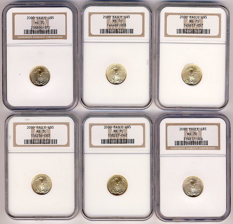 (10) GOLD EAGLES $5 2000 NGC MS70
