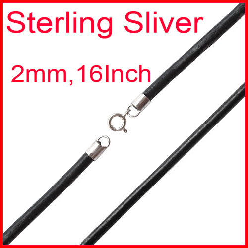 2mm Black Leather Cord Sterling Silver Necklace 16 Inch