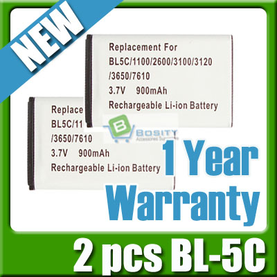 2 Battery for Nokia BL-5C BL5C 6555 6085 3100 6030 3660