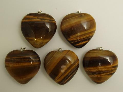 5 x BIG Tiger Eye Gemstone Heart Pendants >> 35mm <<