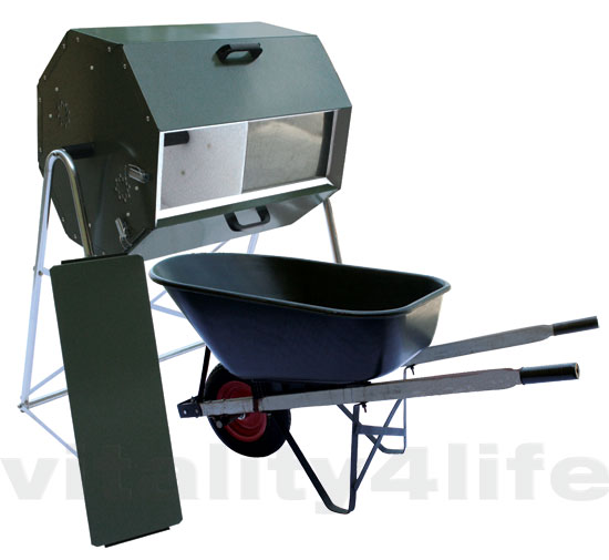 Composter and optional high stand with wheelbarrow underneath