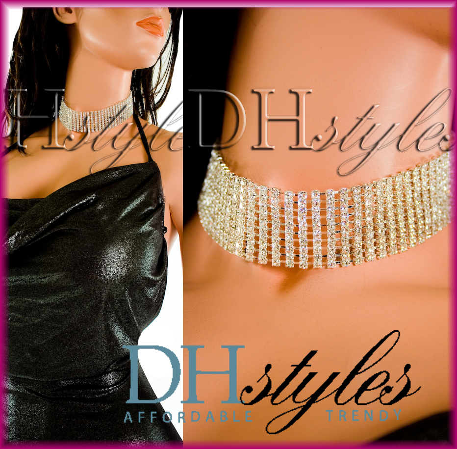 NEW SEXY BLING RHINESTONE 10 ROW CHOKER NECKLACE