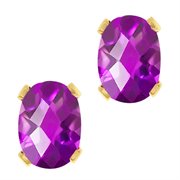 WRC-0047-OC-AM-PUR-YGPB: 1.50 Ct Oval Checkerboard Shape Purple Amethyst Yellow Gold Brass Stud Earrings