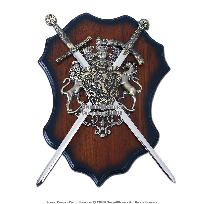 LION CREST COAT of Arms w/ Two Medieval Crusader Swords $21.98