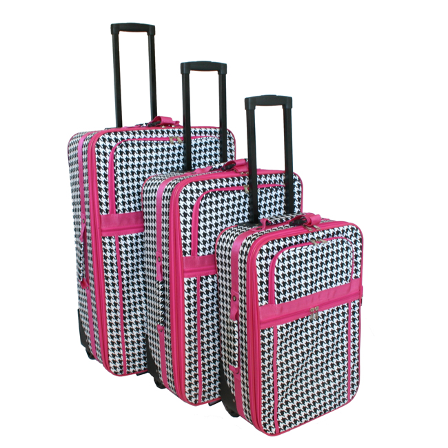 WORLD TRAVELER 3 PC LUGGAGE SET PINK HOUNDSTOOTH $220  