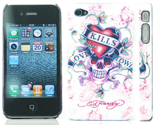 Estuche de Ed Hardy para iPhone 4 de Apple   4G calavera y corazón